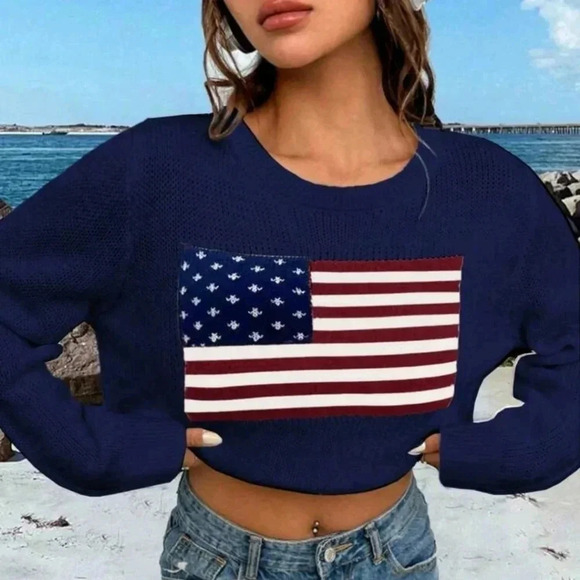Flag Pattern Drop Shoulder Long Sleeve Sweater - Picture 4 of 5